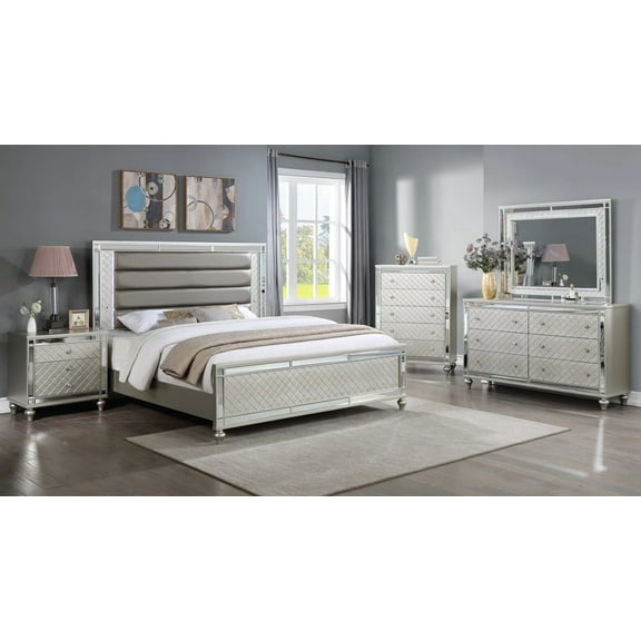 Modern Glam Style 5pc King Size Upholstery LED Bed Dresser Mirror Nightstand Wooden Master Bedroom Furniture Set