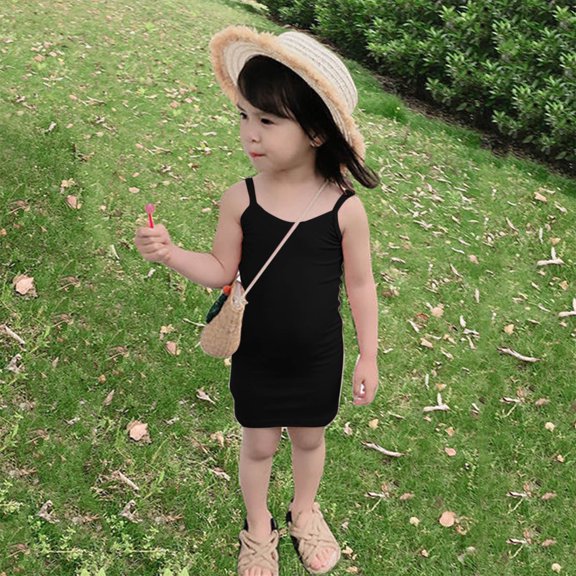 Huowey Toddler Kids Baby Girls Spaghetti Strap Sleeveless Bodycon Dress Summer Breathable Soft Solid Color Camisole Pencil Dresses Casual Slim Fit Lightweight Stylish Dailywear,Black,18-24 Months