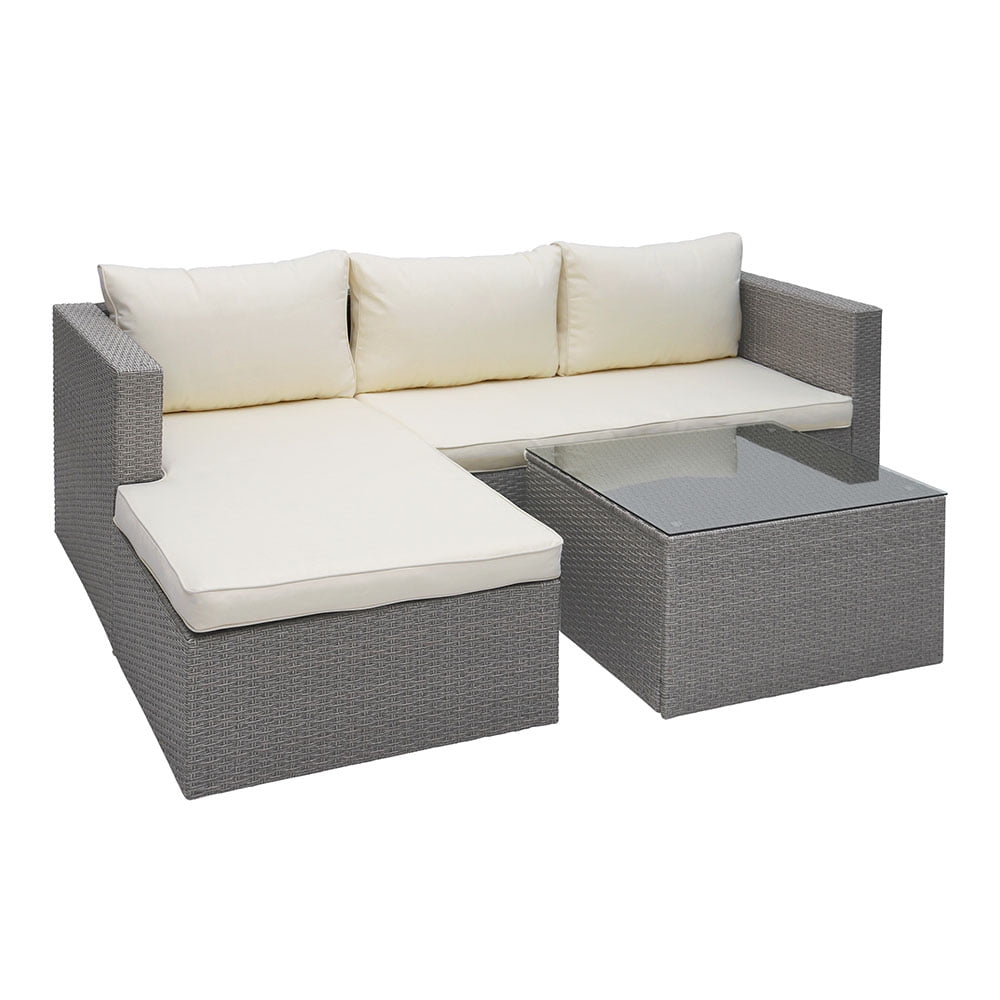 Abble 3pcs Patio Furniture Set Outddor Wicker Sectional Set Conversation Sofa Set with Cushions-Gray
