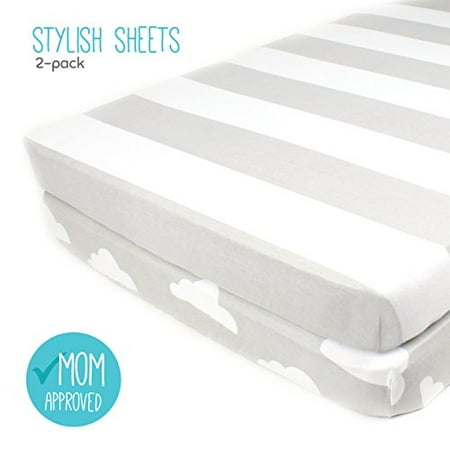 Stripes Toile Crib (Pack N Play Playard Sheet Set - 2 Pack - Fitted, Soft Jersey Cotton Portable Crib Sheet - Baby Bedding in Grey Stripes & Clouds by)
