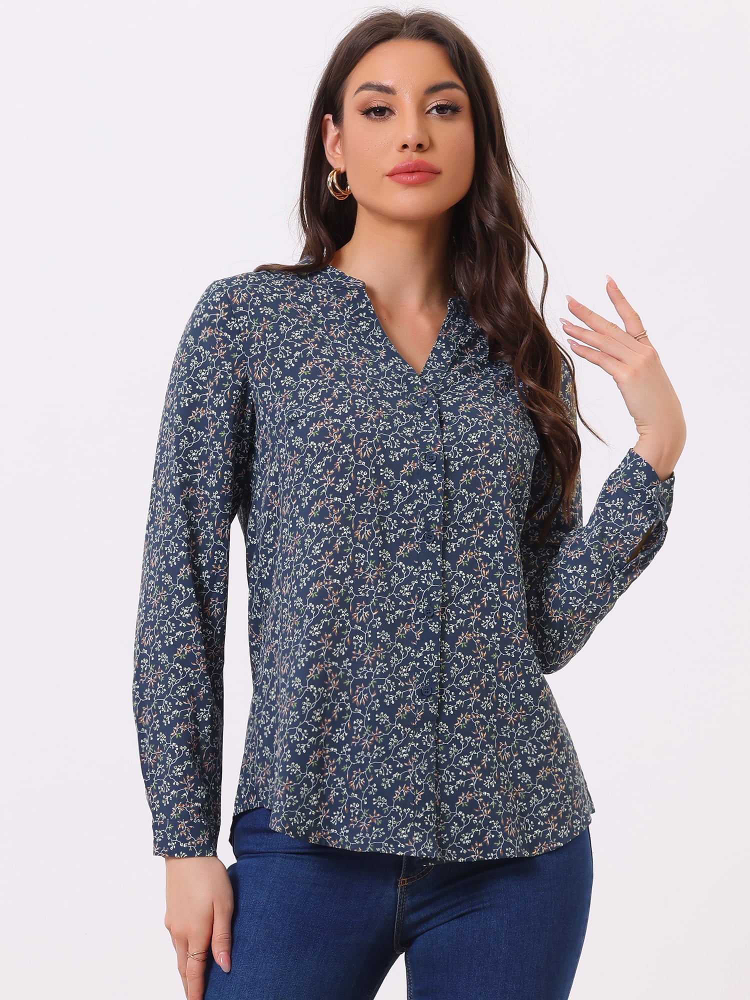 DARING DIVA Women's V Neck Tunic Top Button Up Blouse XL Dark Grey Blue