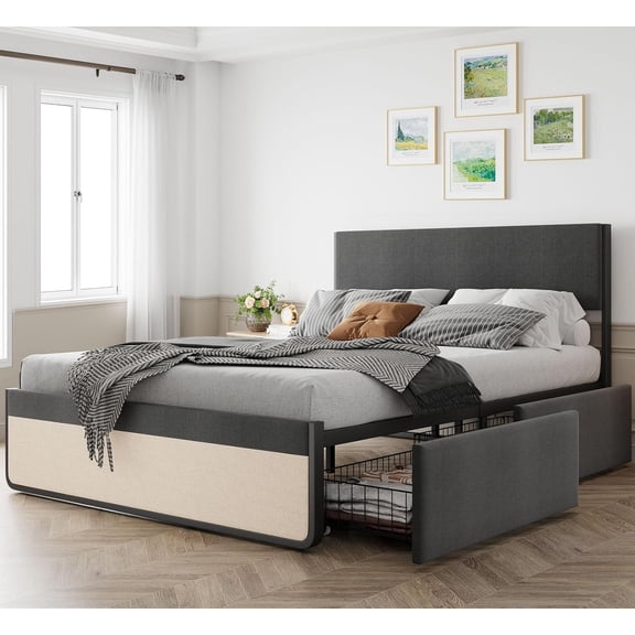 Eastvita Queen Size Upholstered Platform Bed Frame - 2 Storage Drawers, Linen Headboard & Footboard, Noise-Free, Grey