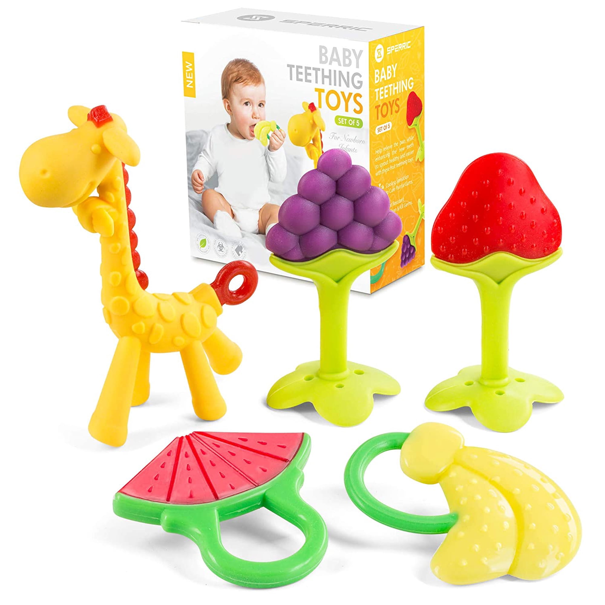Sperric Baby Teething Toys for Newborn (5-Pack) Freezer Safe Bpa Free Infant and Toddler Silicone Teethers Soothe Babies Gums, Perfect Baby Gift - Red