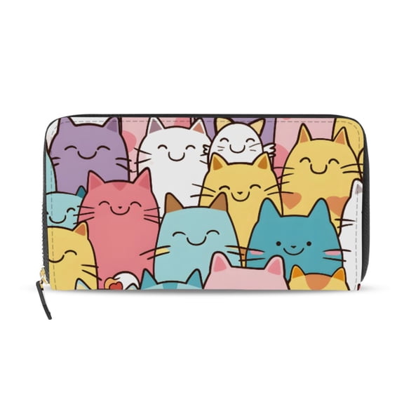 Cute Cartoon Cat Faces Women's Long Zipper Wallet Bifold Clutch Purse PU Leather Card Cases