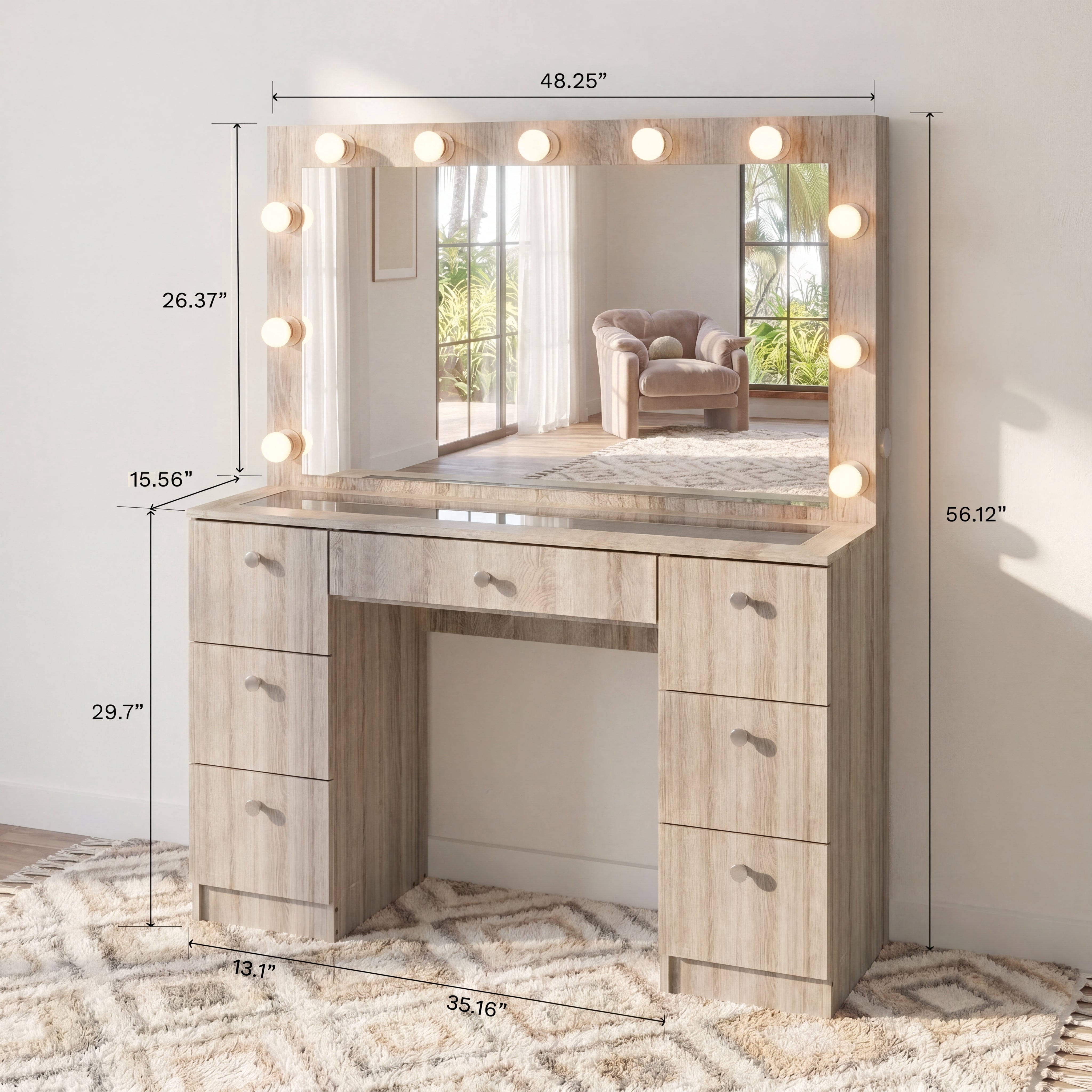 Boahaus Nova 7 Drawer Vanity Desk with Mirror and Lights, Power