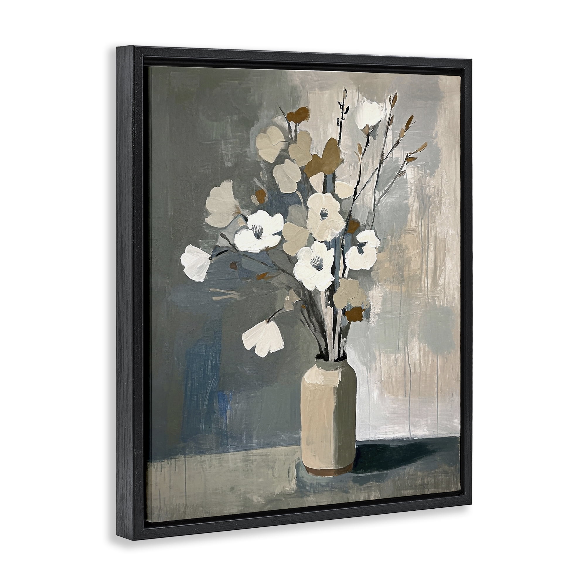 Stupell Industries Natural Floral Vase Botanical & Floral Painting Black Floater Framed Canvas Art Print Wall Art, 25 x 31