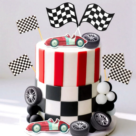 Black and White Racing Theme Cake Decorations 28-Piece Set - Suitable for Racing-Themed Birthday Parties, Car-Themed Parties, Victory Celebrations