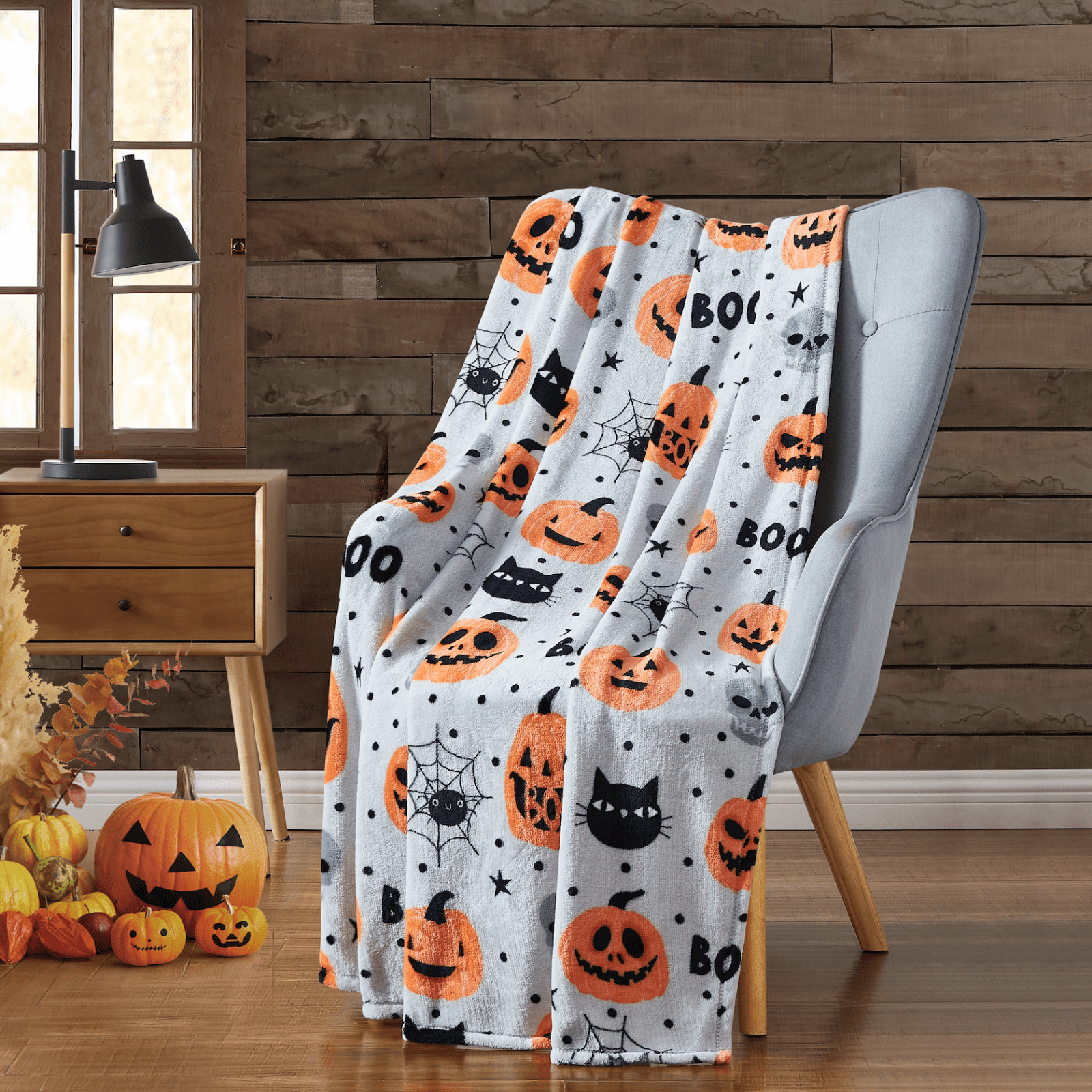 Halloween Throw Blanket Plush Fleece Vintage Halloween Bats Owls Spiders 
