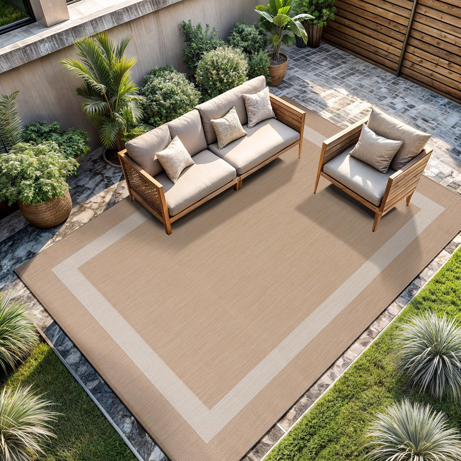 Outdoor Rug 6x9  Modern Outside Rugs For Patios Porches Waterproof Durable Washable Non-shedding Easy-to-clean Indoor Area Carpet (6 X 9 Bordered - Beige/white)