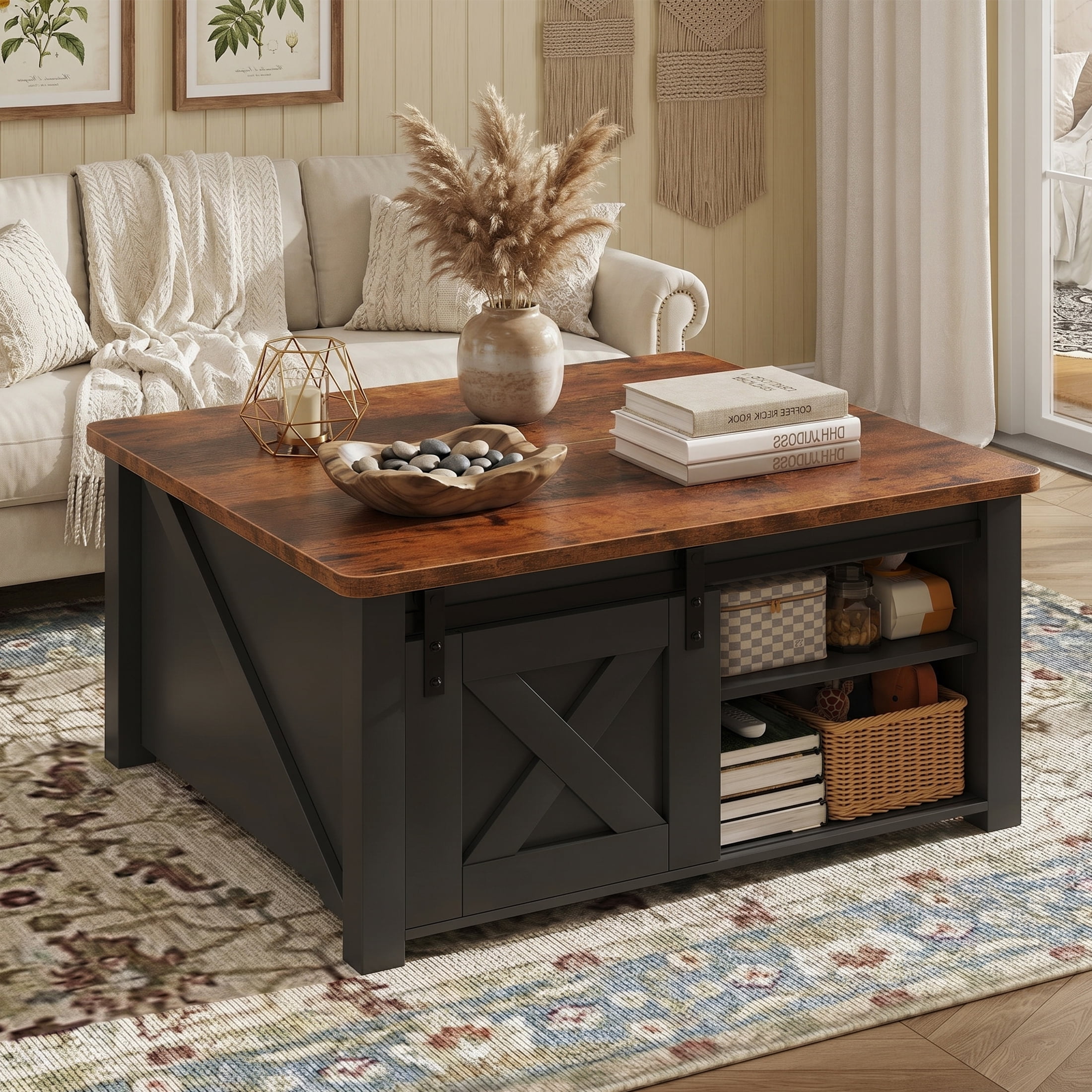 EDX Modern Lift Top Coffee Table with Hidden Storage & Adjustable Shelves, Square Farmhouse Center Table for Living Room, Black