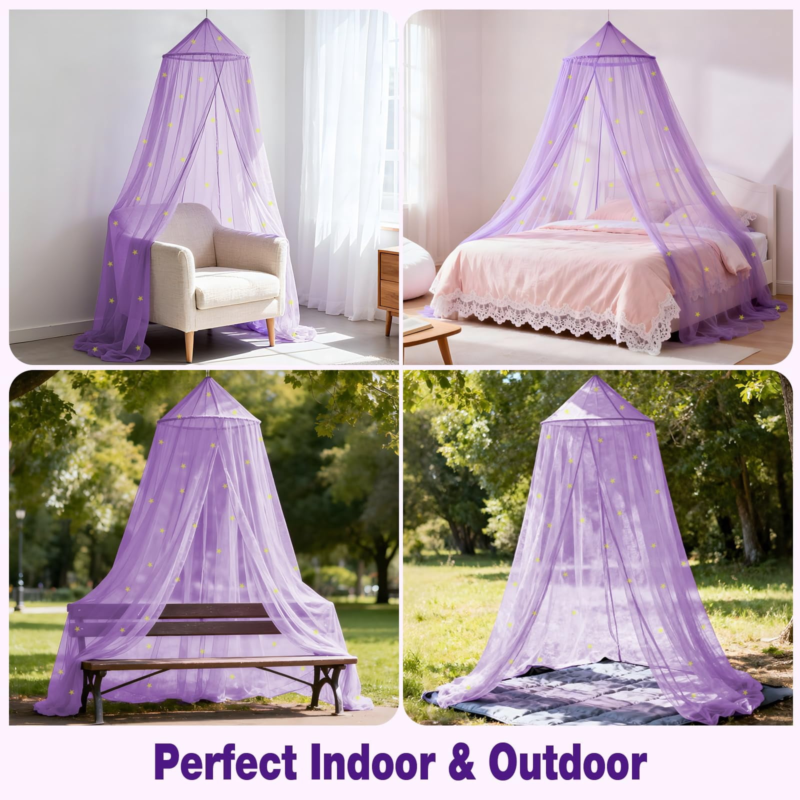Purple Princess Bed For With Glowing Stars  Curtains Full And Queen Sizes; Ceiling Tent Reading Nooks Mosquito Net Indoor Room Decor Outdoor Use