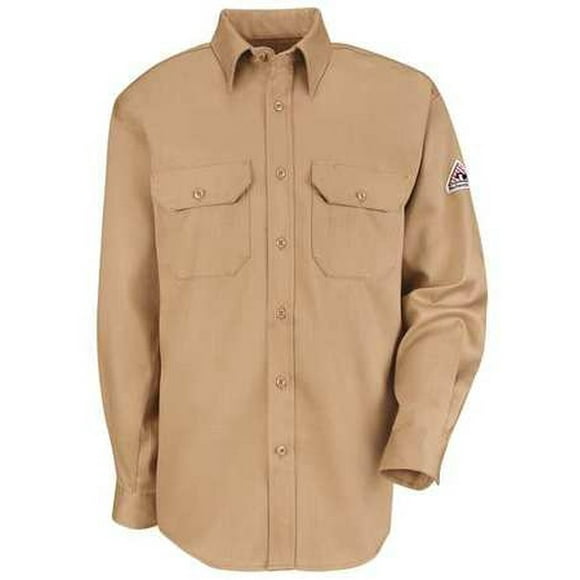 Bulwark Flame Resistant 6 oz Cotton/Nylon Excel FR ComforTouch Regular Uniform Shirt with Straight Back Yoke, Topstitched Cuff, Khaki, 2X-Large