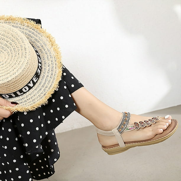 Sandalias de playa con diamantes de imitación y flores planas bohemias Wmkox8yii nm1380