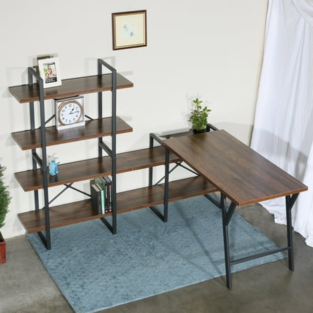 UPC: 0353012601414 | L – Shaped Home Office Desk with 6 Antigue Wood Shelves