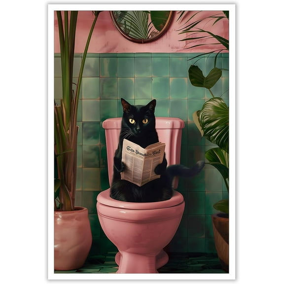 Aaheei Funny Bathroom Black Cat Wall Art Cute Pets Cat Reading Newspaper On The Toilet Aesthetic Canvas Posters Animals Plants Trendy Prints Painting For Living Room Bedroom Bathroom