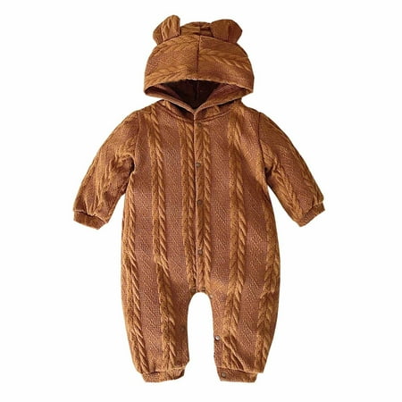 

Ahdbta Newborn Infant Knitted Rompers Solid Color Fall Winter Long Sleeve Jumpsuits Button Down Cute Ear Hooded One Piece Outfit