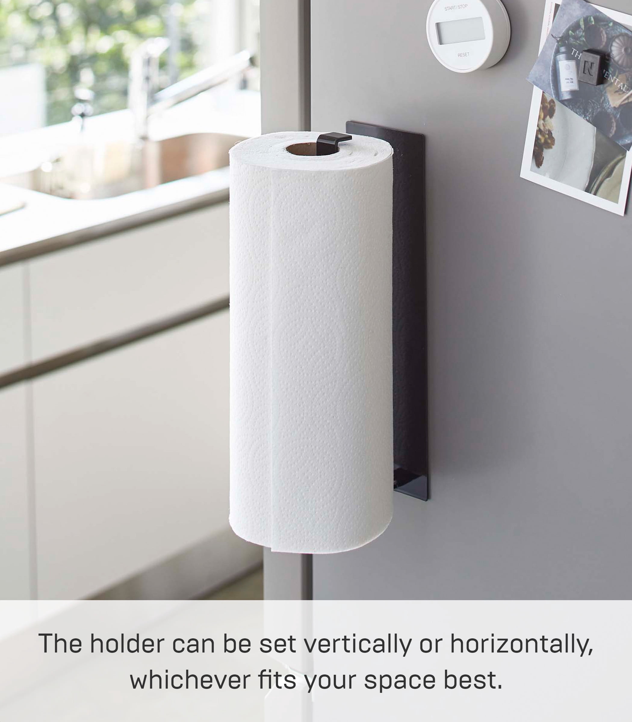Yamazaki Home  Magnetic Paper Towel Holder, Steel, Holds 2.2 lbs - L 2.95 x W 3.15 x H  11.42 inches Black