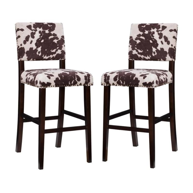 Home Square 2Piece Furniture 30" Wood Cow Print Bar Stool Set in Brown