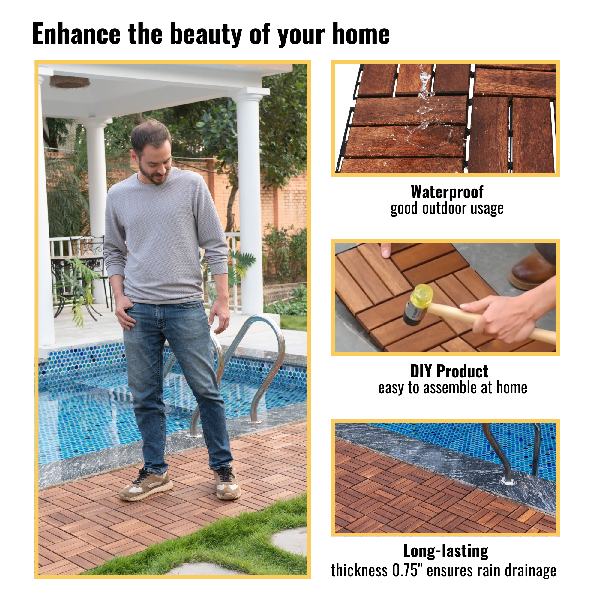 20-Pack Waterproof Interlocking Deck Tiles,12"x12" Plastic Patio Tiles for Indoor Outdoor Use,Patio Floor Decking Tiles for Garden Lawn Porch Poolside Balcony,Brown