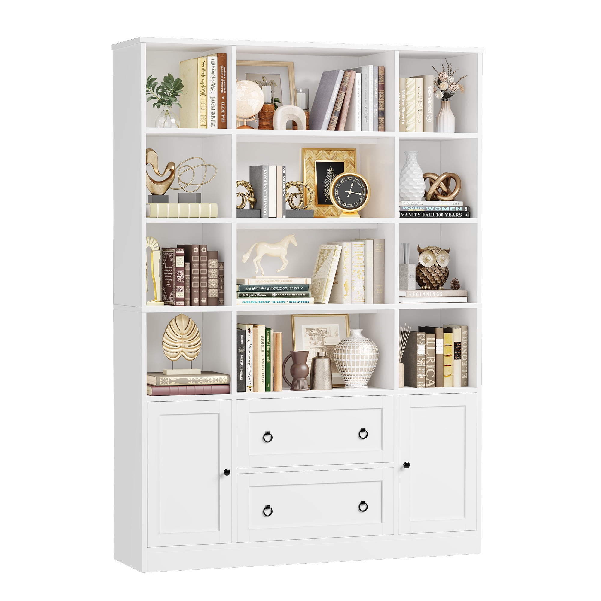 Homfa 71″ Tall Bookcases with Storage Drawers & Doors, 12 Cubes 4-Tier Triple Row Bookshelf, White Bookcase for Living Room Home Office