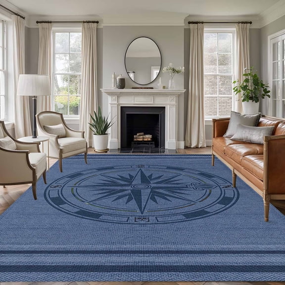 5'x8' Area Rugs, Nautical Compass Indoor Outdoor Area Rug for Living Room Bedroom, Navy Blue Striped Coastal Compass Washable Bathroom Rugs Kitchen Floor Carpet Mats Home Decor Aesthetic
