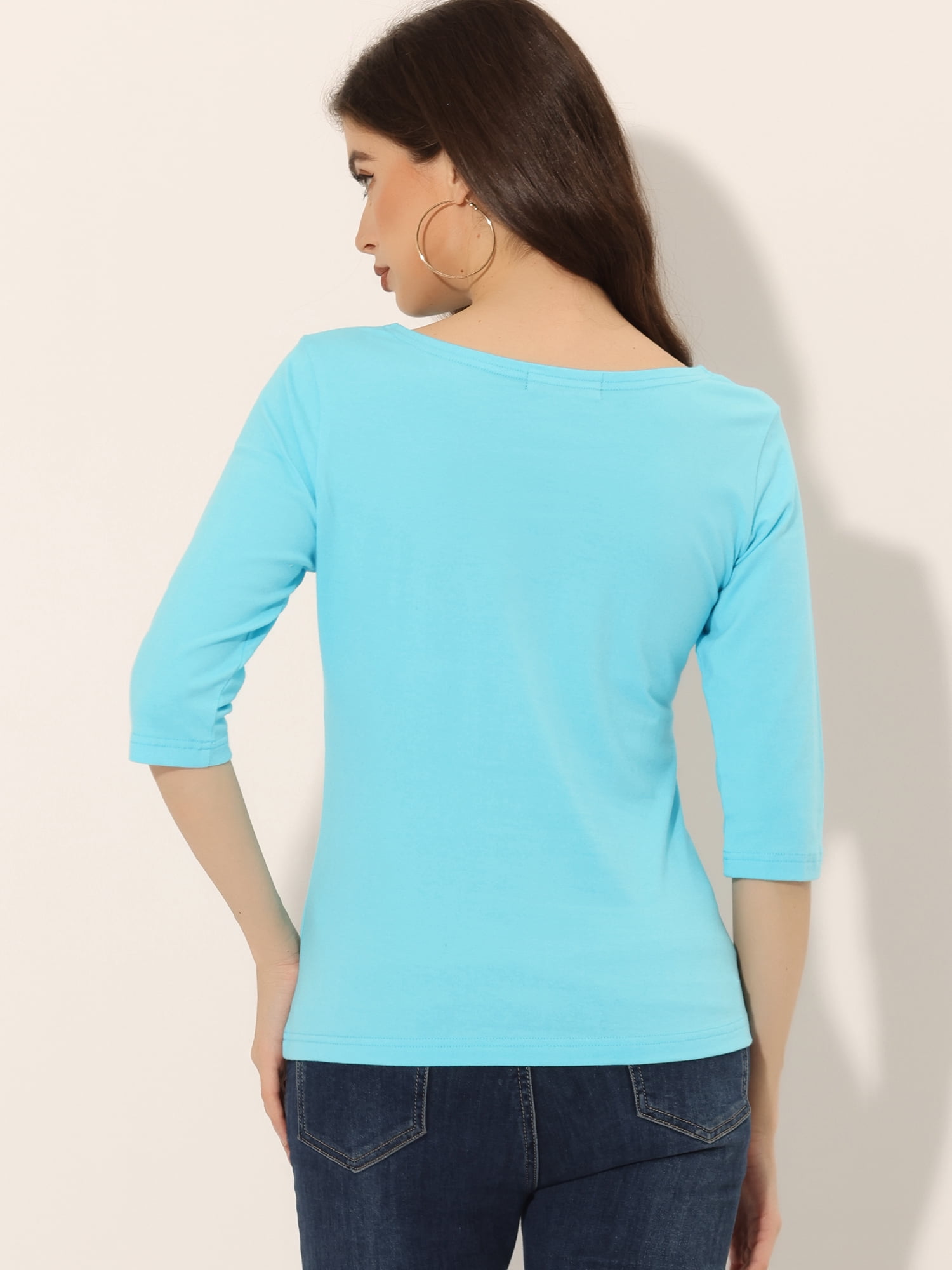DARING DIVA Women's Elbow Sleeves Boat Neck Slim Fit Classic Tee S Aqua Blue