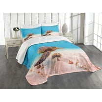 Ambesonne Hawaiian Quilted Bedspread Set 3 Pcs, Sea Turtle Underwater, King Size, Aqua Cinnamon Brown