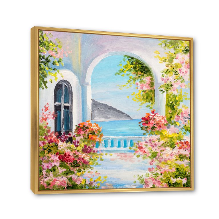 Pink Flowers With Traditional Greek House 36 in x 36 in Framed Painting  Canvas Art Print, by Designart