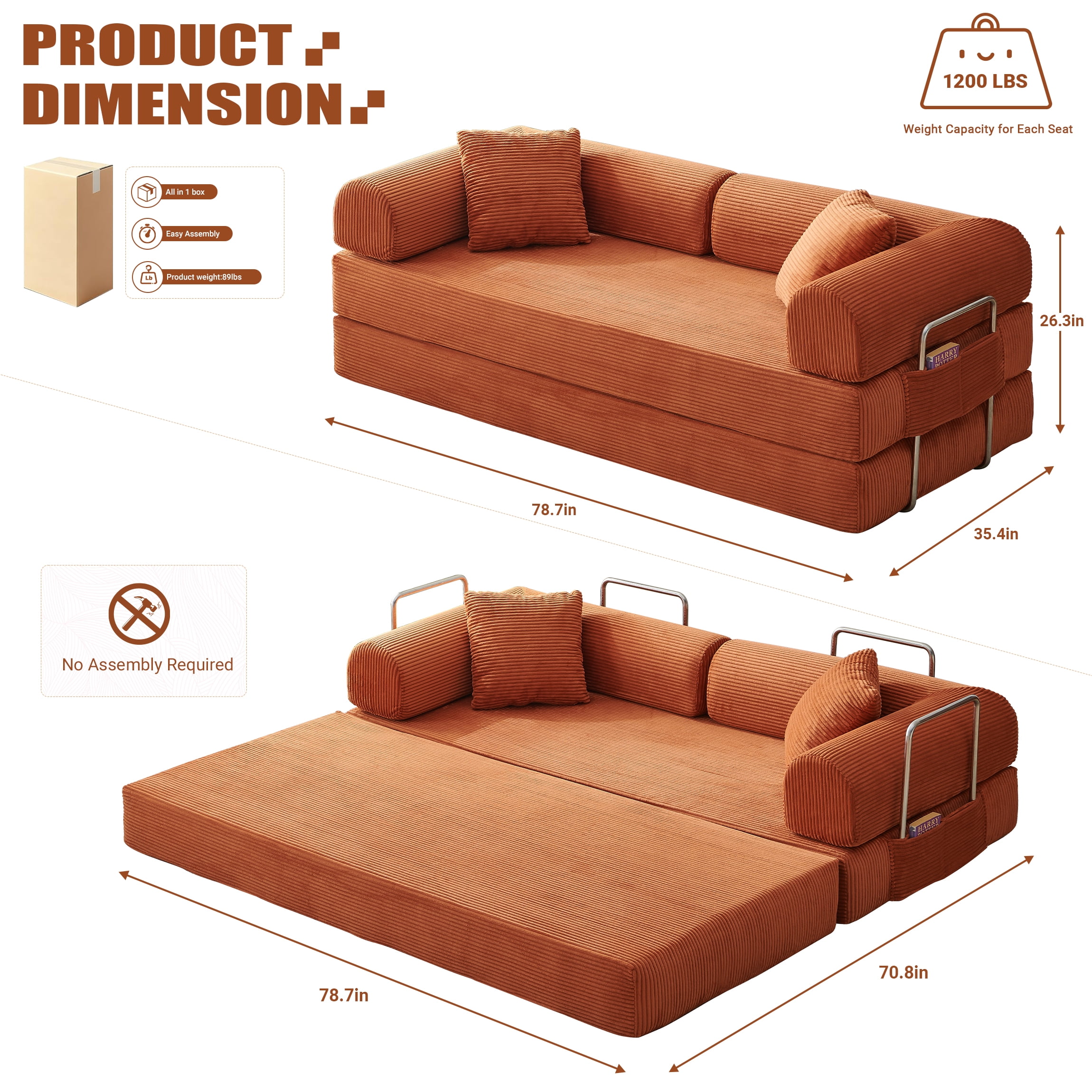 Vanress 78" Convertible Sofa Bed, Folding Sleeper Sofa Couch Bed with Fixed-Shape Frame, Pull-Out Sleeper Loveseat, Corduroy Boneless Futon Bed, No Assembly Required for Living Room & Bedroom, Orang
