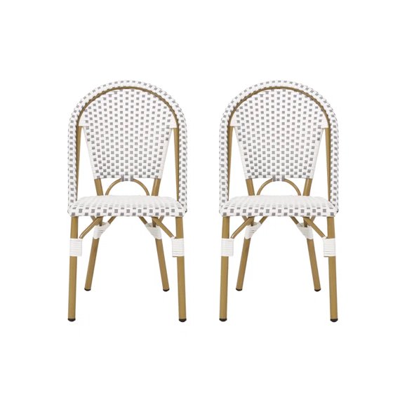 Outdoor PE Ratten and Aluminum French Bistro Chairs, Set of 2, Rusted Grey & White, Bamboo Print Finish