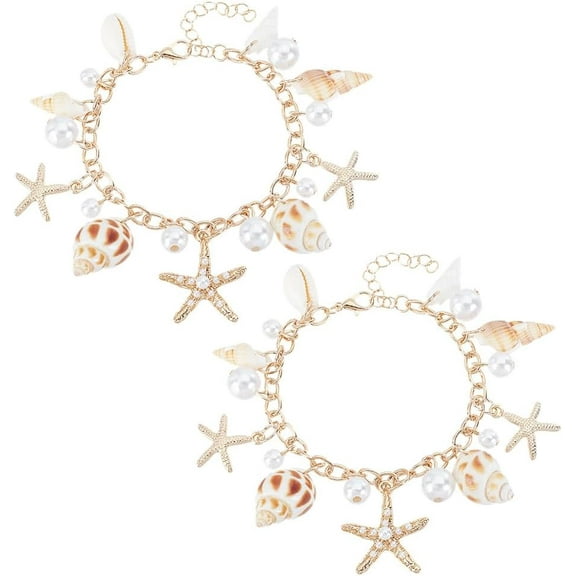 2Pcs Shell Bracelet Starfish Bracelet Ocean Life Bracelets Boho Summer Beach Bracelets Beach Jewelry with Pearl Alloy Golden for Women Summer Souvenirs Golden