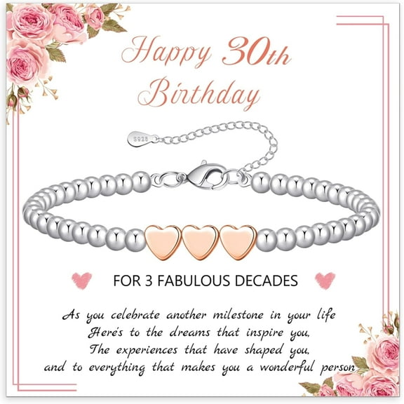 30th 40th 50th 60th 70th Birthday Gifts for Women,Bead Bracelet with Rose Gold Heart Adjustable Silver Bracelet for Women Birthday Gifts with Card for Mum Daughter Sister Grandma