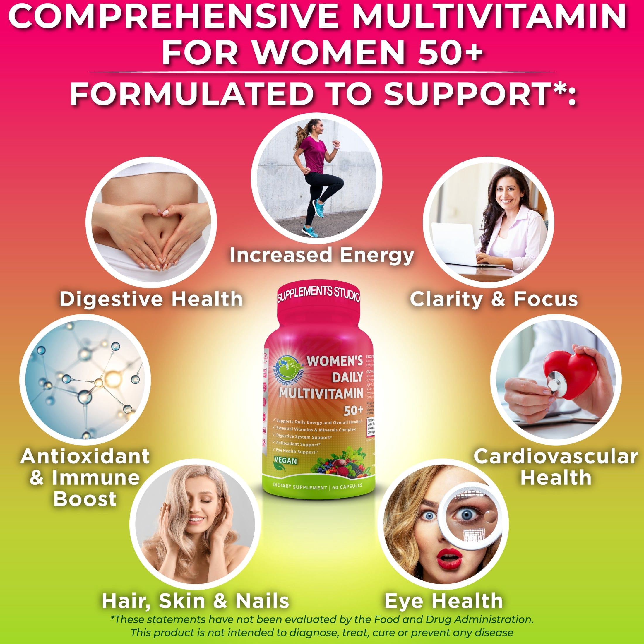 Women's Daily Multivitamin 50+, Vegan Multivitamin for Women with Biotin, Organic Superfoods, B-Complex, Probiotics, Enzymes - Supports Energy, Immunity, Gut Health - Easy to Swallow Capsules