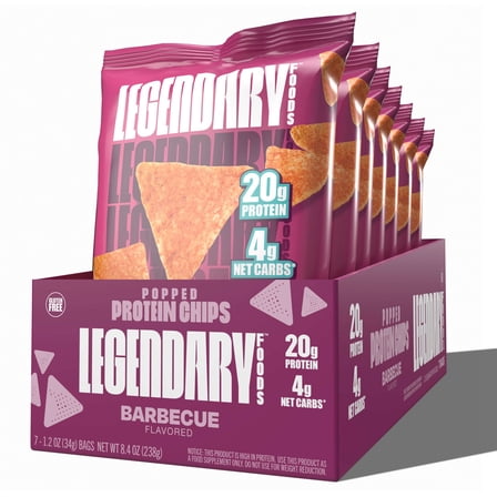 Legendary Foods Barbecue Popped Protein Chips 7 Pack, High Protein Low Carb Snack, 1.2 oz Bags