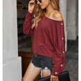 thumbnail image 2 of Camiseta de manga larga de color puro para mujer, blusa holgada informal con estilo y cuello redondo, blusa decorativa con botones para el trabajo diario, Borgoña M, 2 of 6