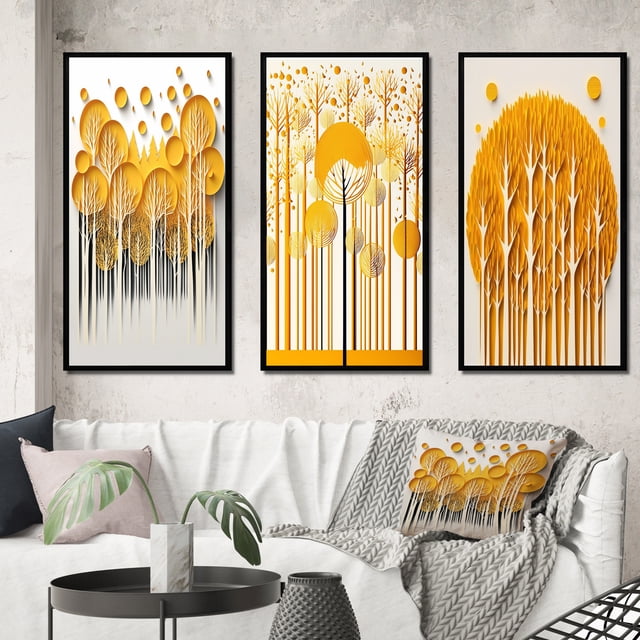 Designart "Quill Minimalism Abstract Yellow Forest II" Landscape Trees Framed Wall Art Set Of 3 - Yellow Trees Frame Gallery Set For Office Decor