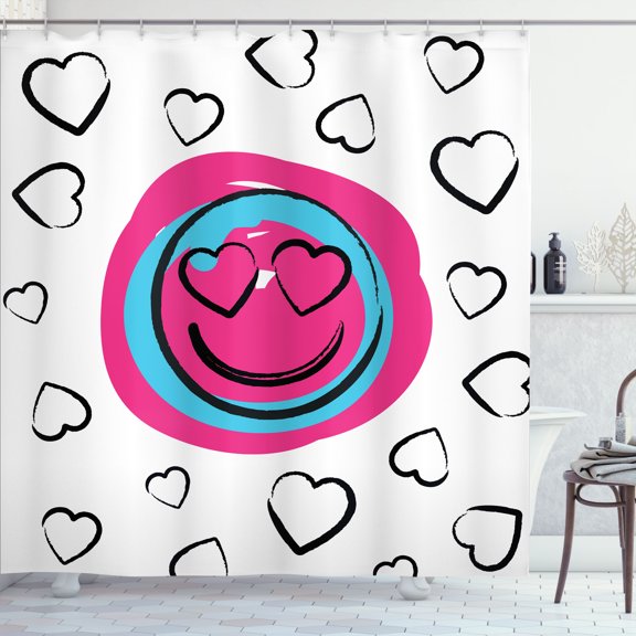 Ambesonne Emoji Shower Curtain, Delicate Love Funny Face Art, 69"Wx70"L, White Hot Pink Black