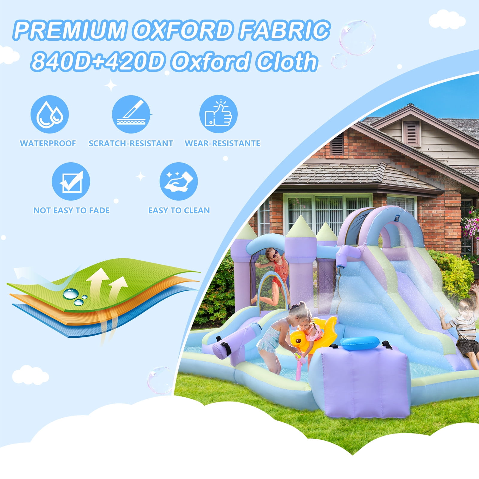 Ktaxon 7-in-1 Inflatable Water Slide Bounce House with Blower, 217" x 138" x 83", Mini Surf Zone Water Park w/ Bounce Area & Shower Spray Cooling Area, Kids Backyard