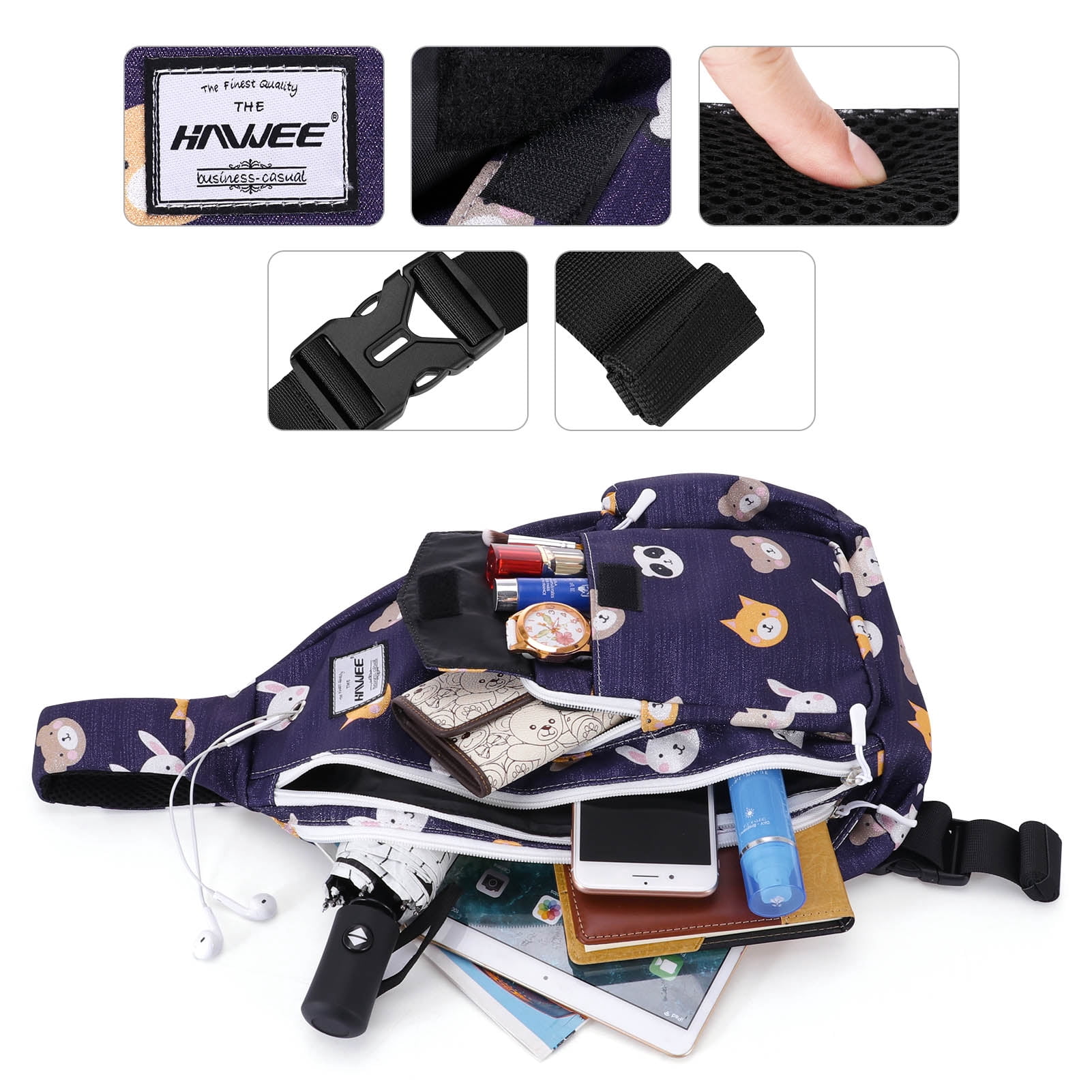 HAWEE Waterproof Crossbody Bag forWomens Chest Sling Backpack with Bear Rabbit Print, Bear
