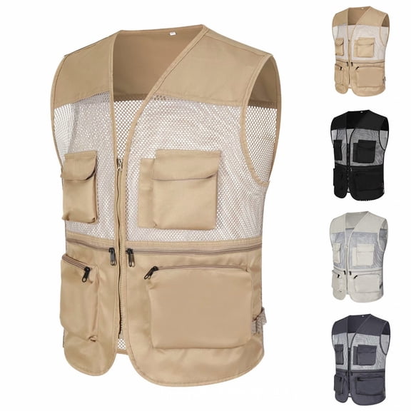 Men's Fishing Vest with Multi Pockets Cargo Vest Jacket Multi Pockets for Summer Travel Outdoor Work Photo Cargo Fly Summer Vest Beige L by Awwp