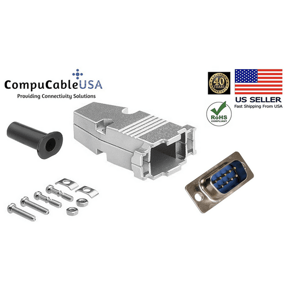CompuCablePlusUSA.com Best DB9 Male Solder Type Connector Kit with Metal Hood   Strain Relief Grommet