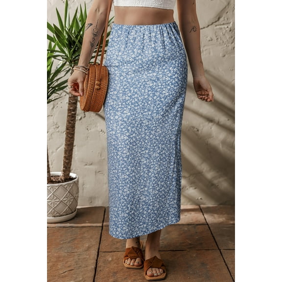 Women's Sky Blue Boho Floral High Waist Long Skirt with Alluring Side Split | [ZhiHiMeRi] | (US 12-14)L