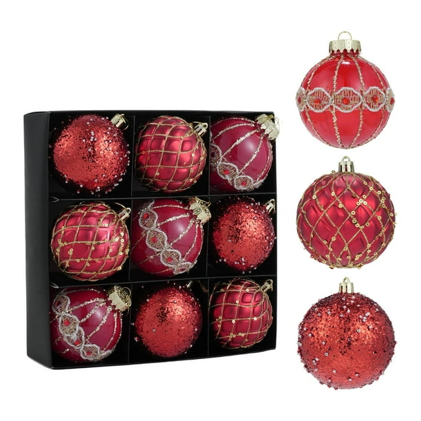 9 Adornos Navideños de Bolas Brillantes, Irrompibles, de 8 cm, para Decoración Colgante Navideña, Ideales para Fiestas, Bodas y Reuniones Familiares. Rojo