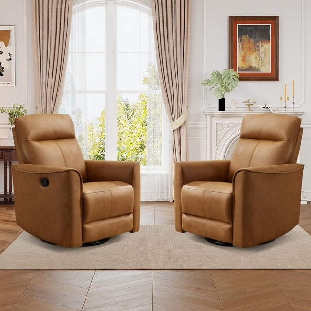 Bonzy Home Manual PU Leather Recliner Chair Set of 2, Swivel Rocker Recliners with Padded Armrest and Backrest, Nursery Rocking Reclining Chair for Living Room, Bedroom, Caramel