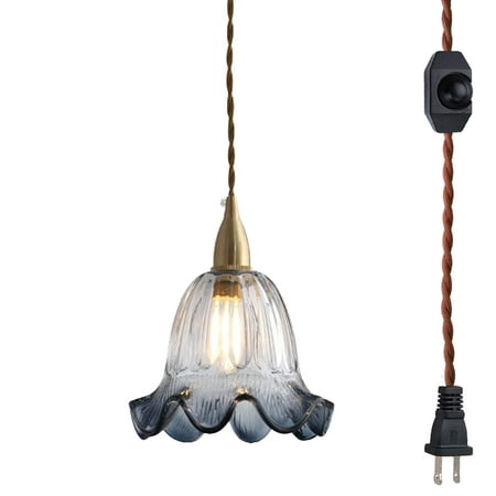 

FSLiving Hanging Swag Lamp Pendant Light with 15ft Plug-in UL Dimmable Cord Brass Finished E12 Socket Tiffany Ink Blue Glass Lamp Nordic Industrial Hanging Lamp for Corner Lighting - 1 Light