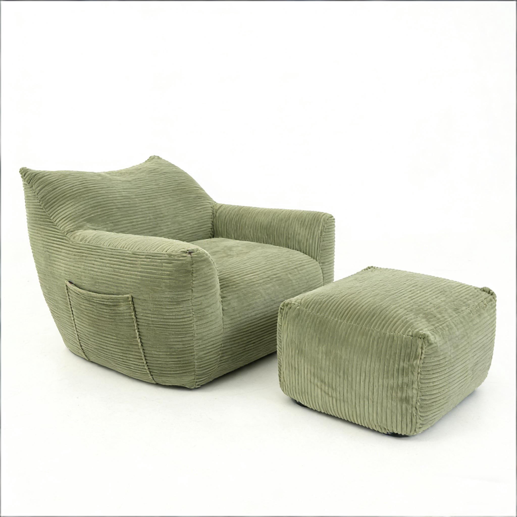 FHFO Giant Bean Bag Chair with Ottoman,Oversized Boneless Couch Chair in a Box, Comfy and Lazy Lounge for Dorm, Living Room, Bedroom, (42”x43”x31”)Green