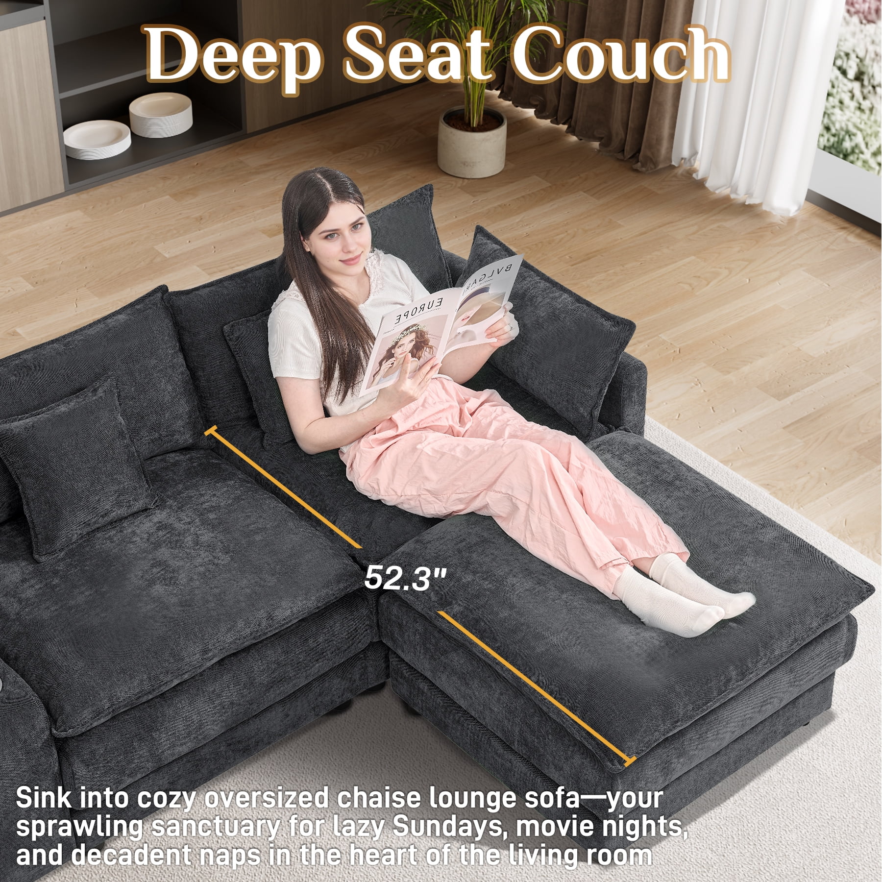 Wiilayok 145" U Shaped Sectional Sofa,Chenille Cloud Modular Sectional Sofa Couch Set with Double Chaise,Central Console,Cup Holder for Living Room,Black