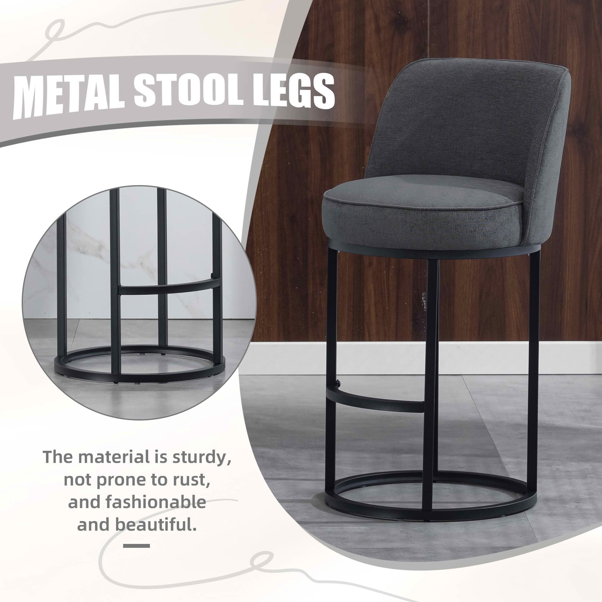 MAYEERTY Counter Height Bar Stools Set of 2, Barrel Back Linen Accent Stools with Footrest for Kitchen, Gray