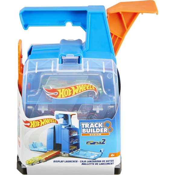 Hot Wheels Toy Car Track Set, Display Launcher & 2 1:64 Scale Vehicles, Visible Storage for 6 Cars Toy Cars, Connects to Track