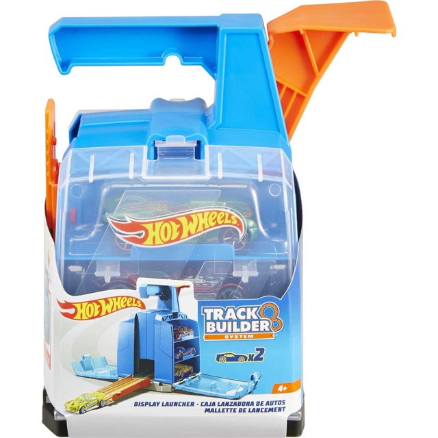 Hot Wheels Toy Car Track Set, Display Launcher & 2 1:64 Scale Vehicles, Visible Storage for 6 Cars Toy Cars, Connects to Track